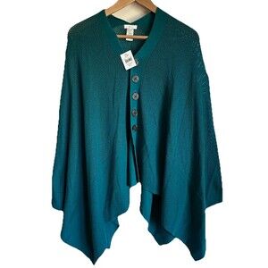 J Jill Asymmetrical Hem Poncho Buttons Sz S-L Loose Knit Fairy Cottage Boho Blue